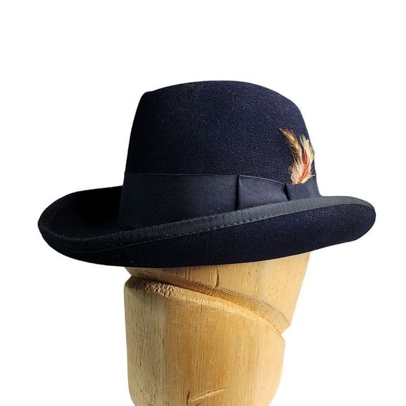 Reed Hill Fur Blend Hat Size 7 Custom Made Navy Blue With Band and Feather - Picture 1 of 13